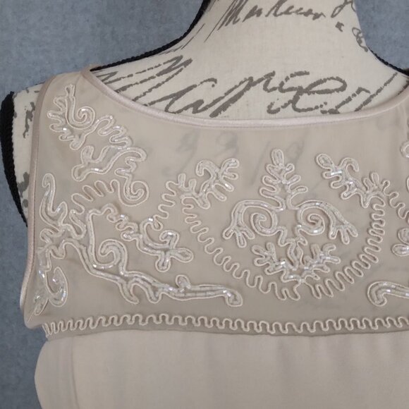 Donna Morgan | Beaded Embroidered Sheer Crepe Sheath Dress Beige  |  Size 10 - Picture 3 of 10